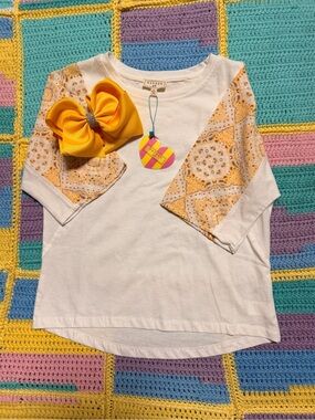 Hayden White Tee with Yellow Bandana-Print Raglan Sleeves with bow for hair